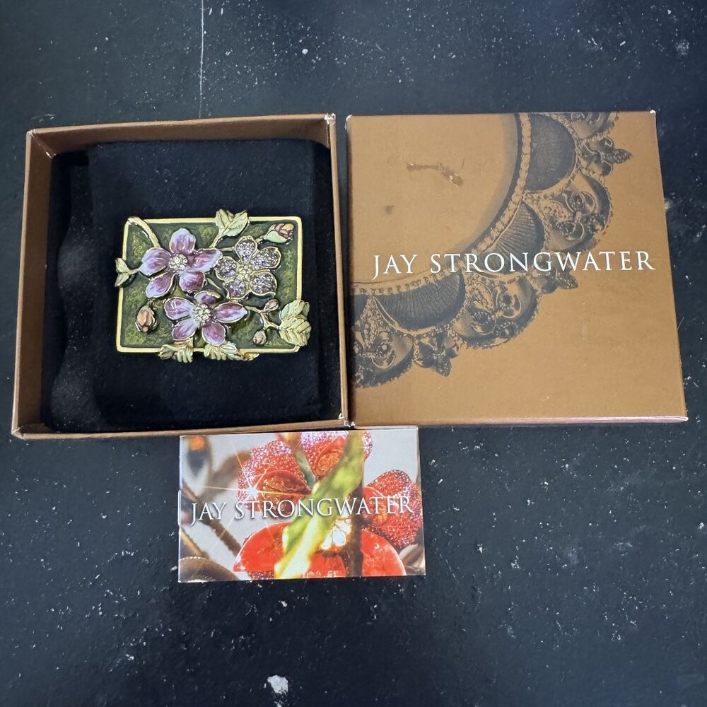 Jay Strongwater Enamel Floral Purple Flowers Crystal Compact Mirror w/ Box Small